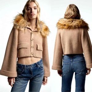 Zara knit cardigan with faux fur collar